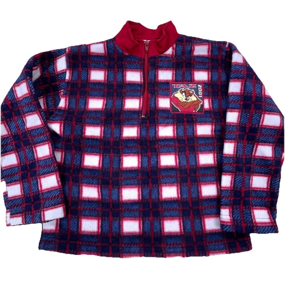 Vintage Looney Tunes Sweater Boys 7 Blue Red Plaid Fleece Jacket Youth Taz Y2K - Picture 1 of 7